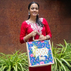 Jute Cottage Pichwai Cow & Calf Shopping Zipper bag 14x14 - B-311